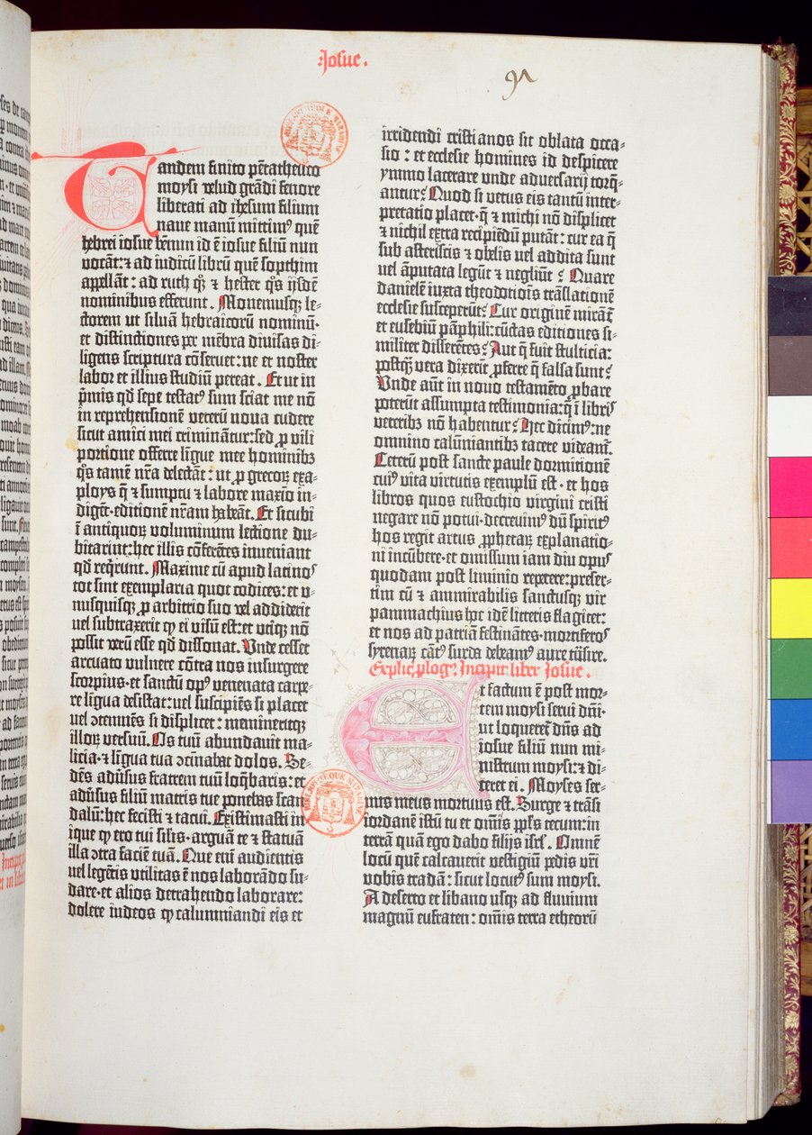 A Pentateuch vége és a Józsué könyvének eleje, a Gutenberg Bibliából, Johannes Gutenberg (kb. 1400-68) és Peter Schoeffer (1425-1502) nyomta Mainzban, 1454-56 (nyomtatott papír) alkotó: German School