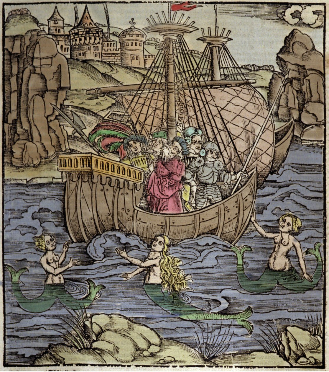Vergilius Aeneis (Kr. e. 70-i. e. 19), a trójai hős, Enee és társai egy szirénákkal teli tengeren kelnek át. Sebastian Brant (1458-1521) xilográfiája. Strasbourg alkotó: German School