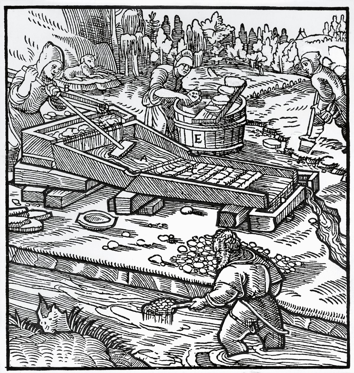Metszet a De re metallicából (A fémek természetéről), Georg Pawer vagy Georgius Agricola (1494-1555) alkotó: German School