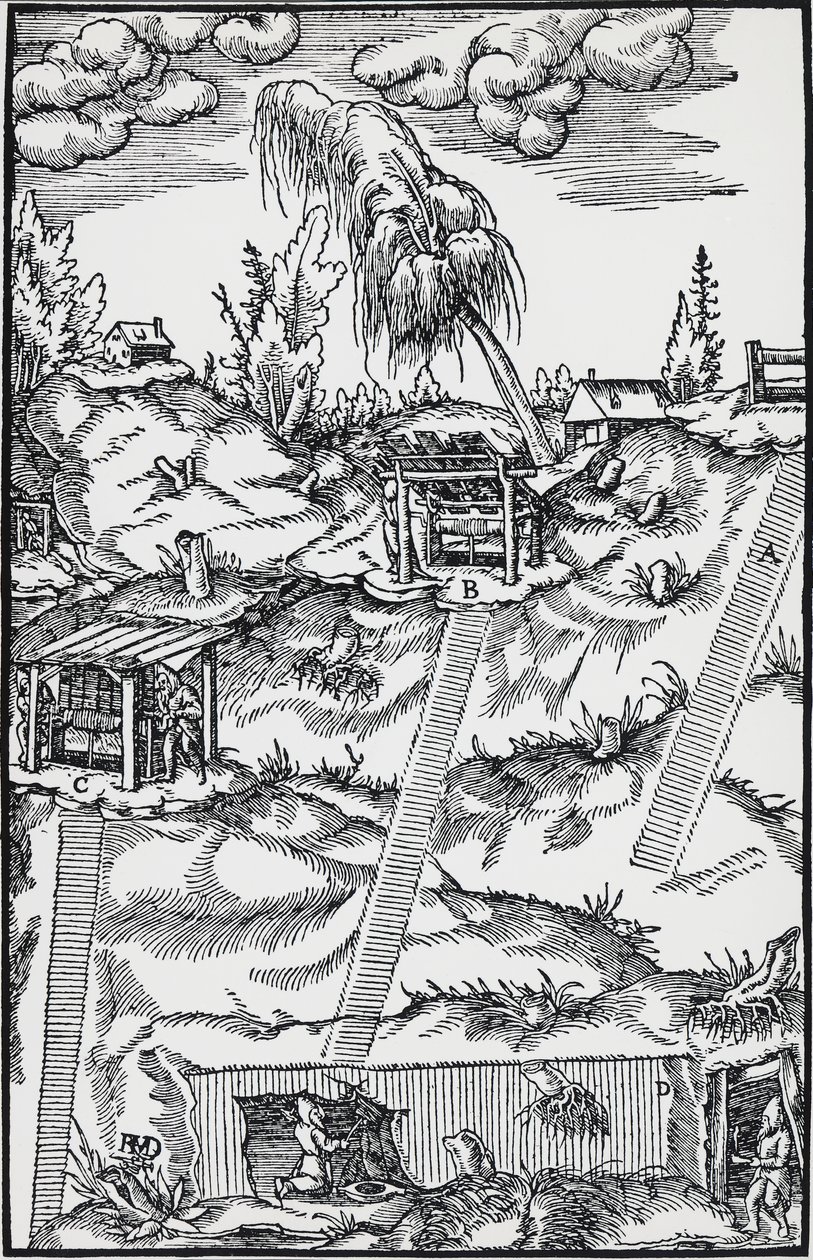 Metszet a De re metallica-ból (A fémek természetéről), Georg Pawer vagy Georgius Agricola (1494-1555) Bázelben jelent meg alkotó: German School