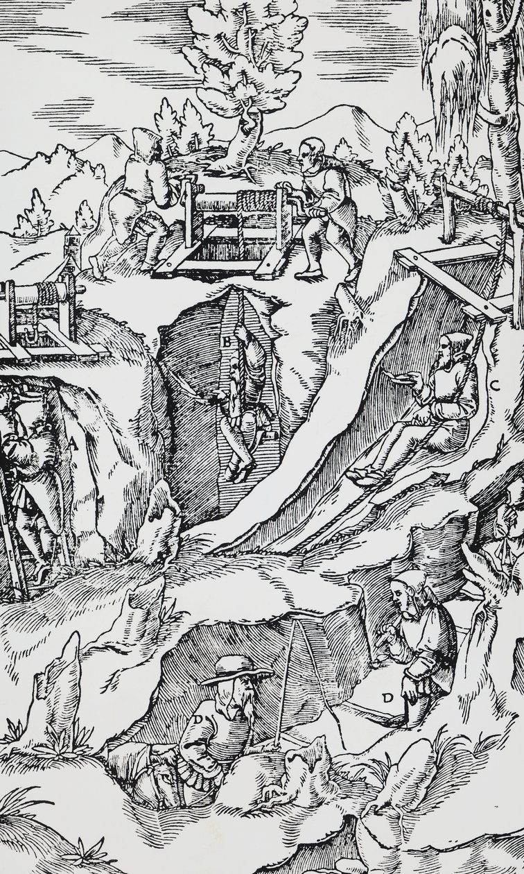 Metszet a De re metallica-ból (A fémek természetéről), Georg Pawer vagy Georgius Agricola (1494-1555) Bázelben jelent meg alkotó: German School