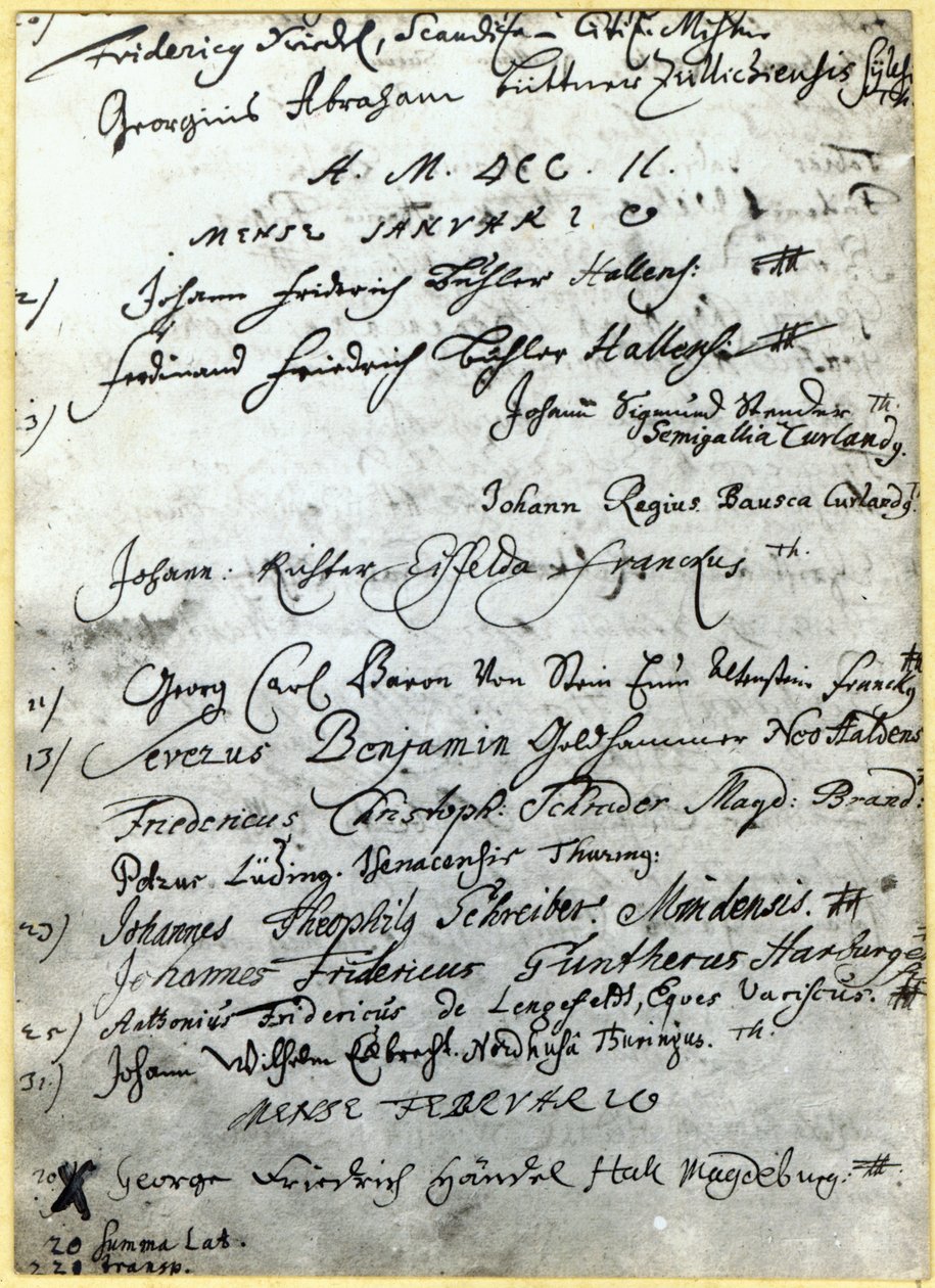 Bejegyzés a Halle Egyetem irataiba, amely Händel nevét tartalmazza, 1702 alkotó: German School