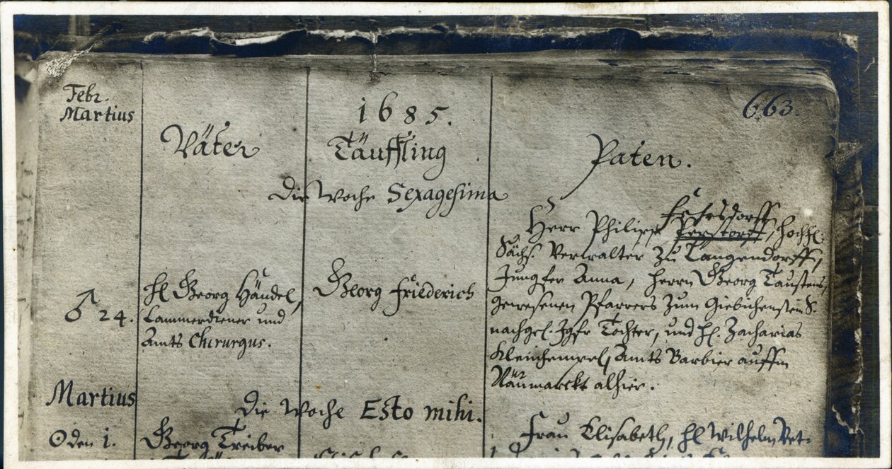 Händel keresztelésének bejegyzése a Marktkirche, Halle, Németország, 1685, egyházi anyakönyvéből alkotó: German School