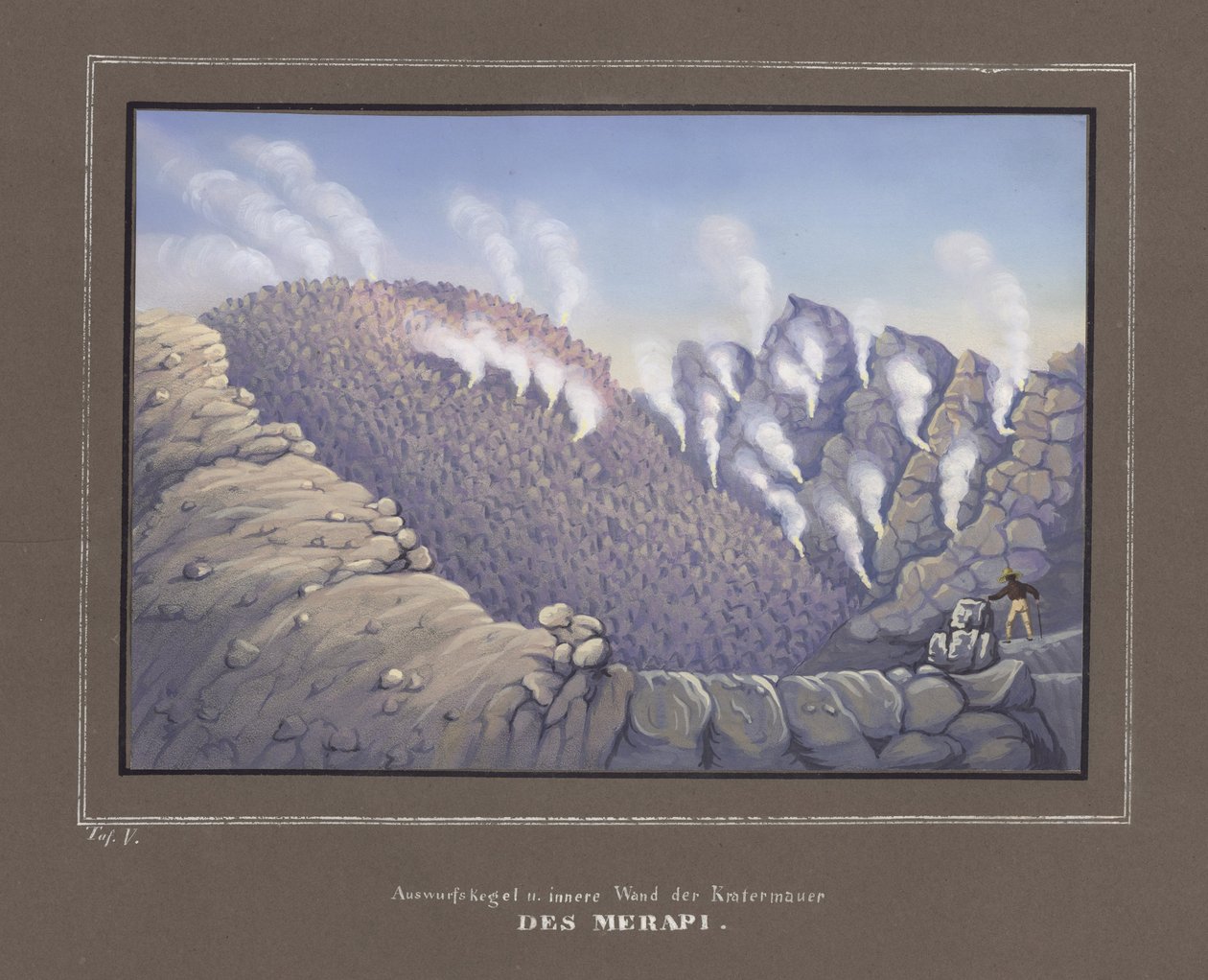 A Merapi vulkán kitörései és belső fala, Pl. V from, Topographical and Natural Science Atlas on the Journey through Java, szerző: Dr.Fr.Junghuhn, Magdeburg 1845 alkotó: German School