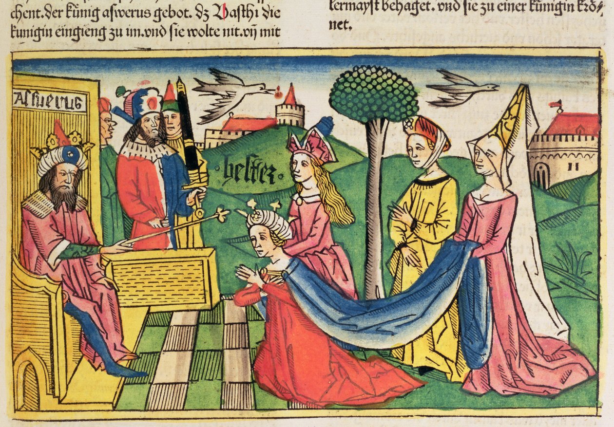 Eszter 2 15-18, Esztert Ahasvérus perzsa király választotta királynővé, a nürnbergi Bibliából (Biblia Sacra Germanaica) (színes fametszet) alkotó: German School