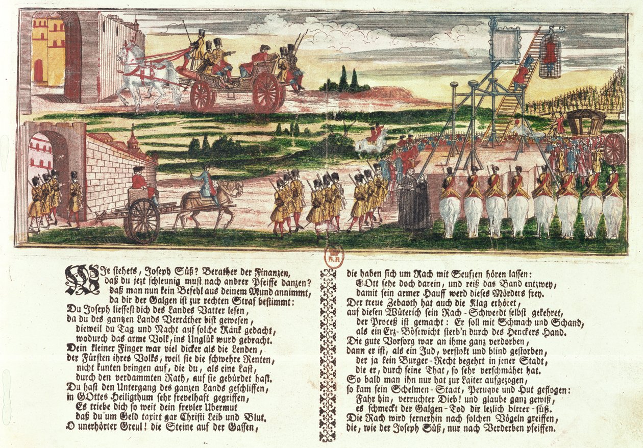 Joseph Süss Oppenheimer kivégzése 1738-ban (színes fametszet) alkotó: German School