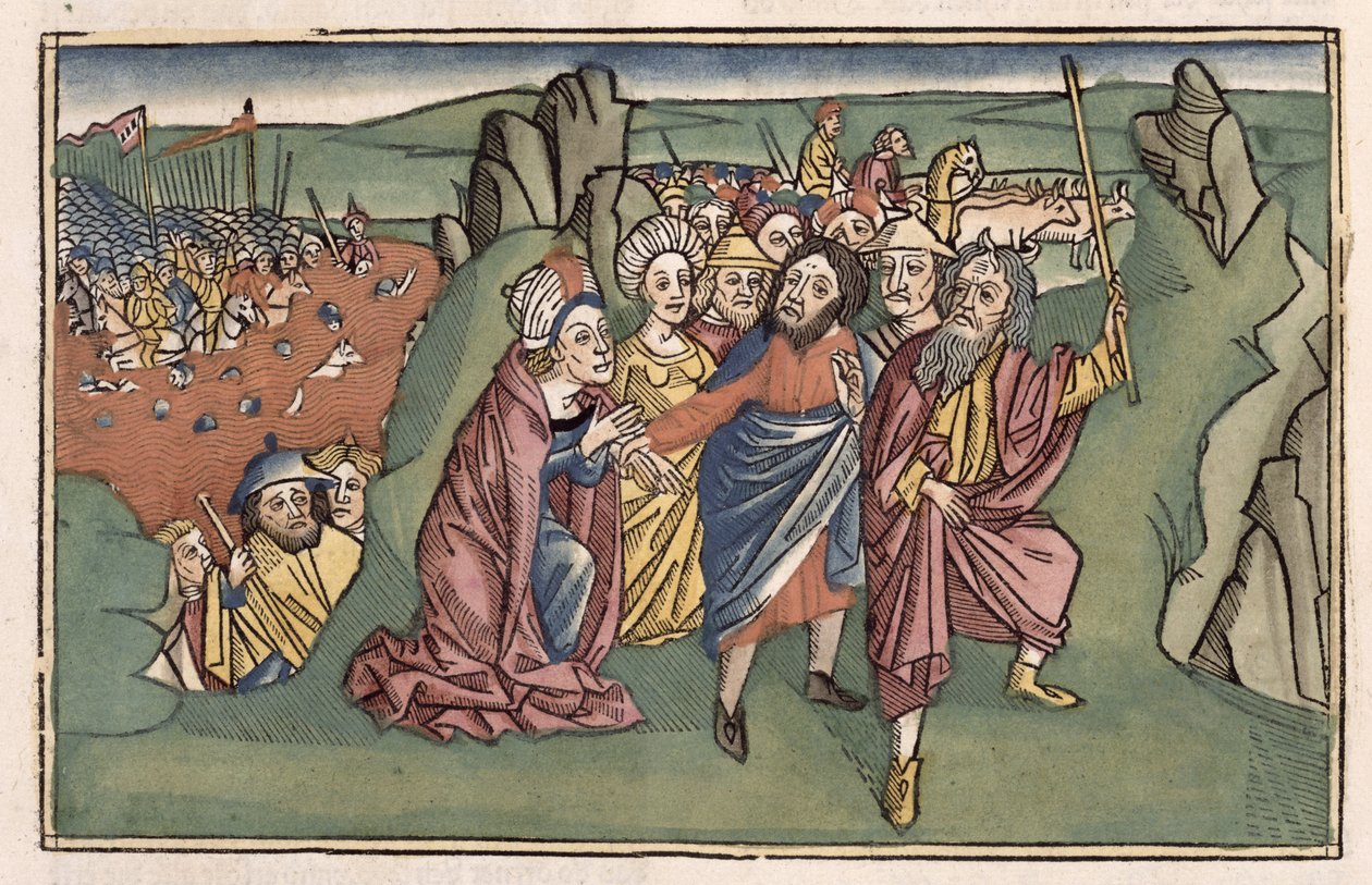 2Mózes 14. Mózes és az izraeliták a Vörös-tengeren, a nürnbergi Bibliából (Biblia Sacra Germanaica) (színes fametszet) alkotó: German School