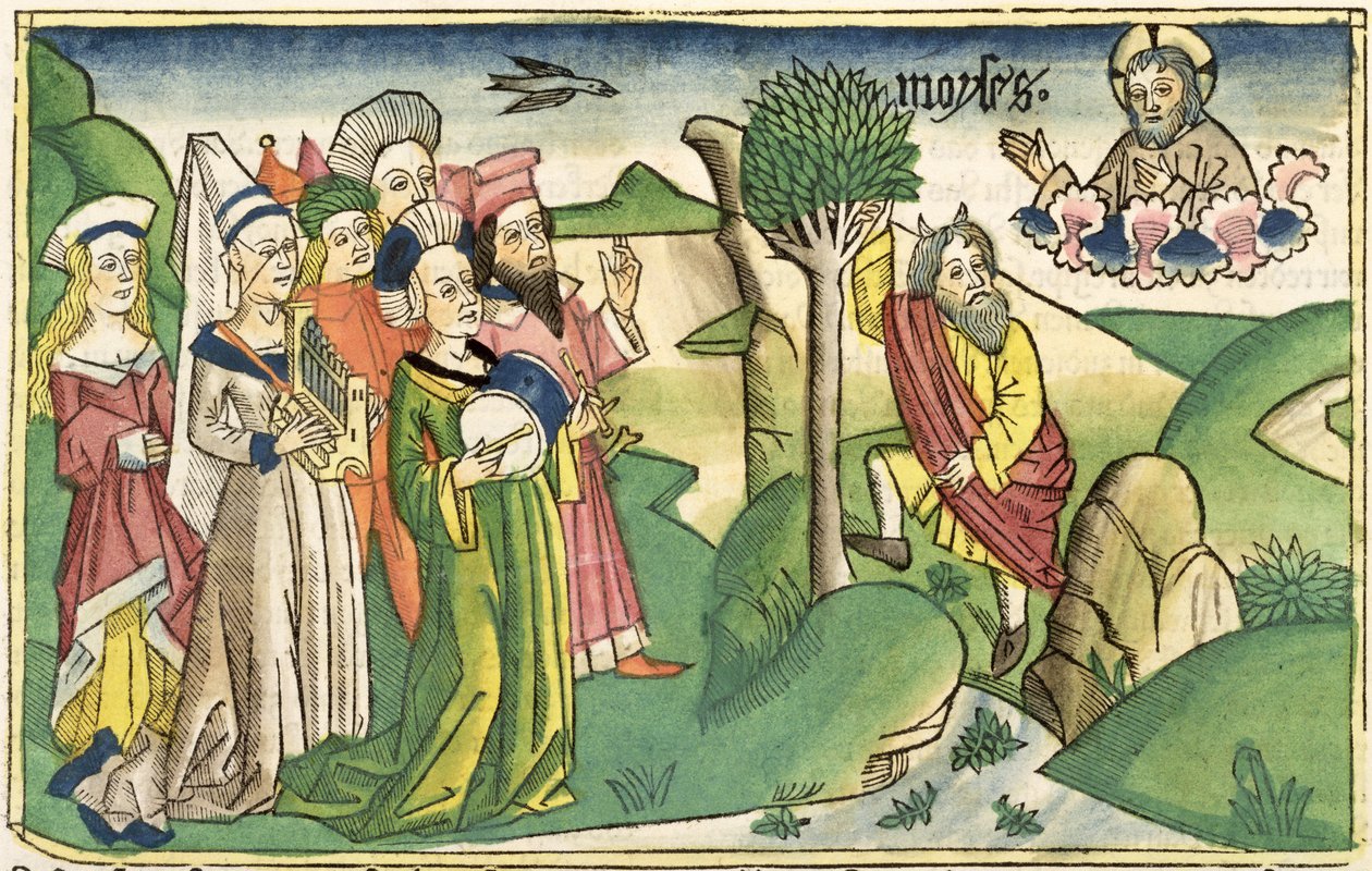 Exodus 15 1-19 Mózes éneke, a nürnbergi Bibliából (Biblia Sacra Germanaica) (színes fametszet) alkotó: German School