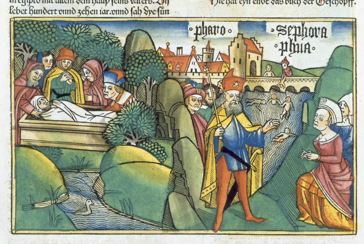 2Móz 18 1 15-22 József temetése és a héber bábák története, a nürnbergi Bibliából (Biblia Sacra Germanaica) (színes fametszet) alkotó: German School