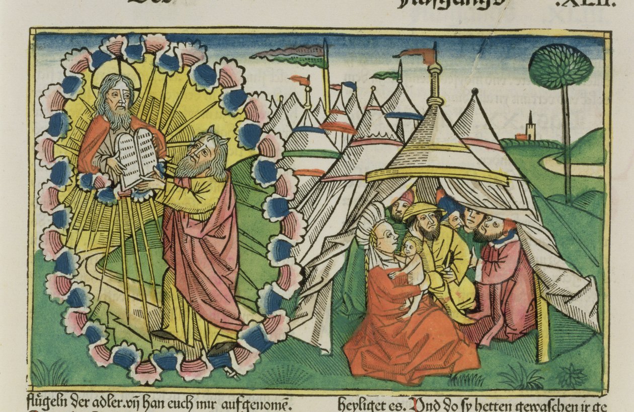 2Móz 20 1-5 Mózes megkapja a Tízparancsolatot, a Nürnbergi Bibliából (Biblia Sacra Germanaica) (színes fametszet) alkotó: German School