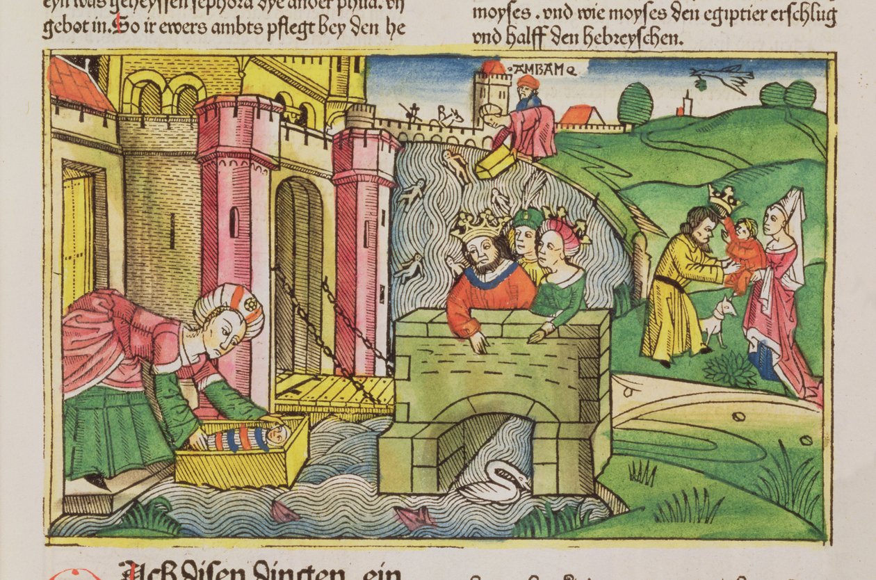 Exodus 2 1-6 Mózes lebegtetve a Níluson, és a fáraók egyik felesége fedezte fel a nürnbergi Bibliából (Biblia Sacra Germanaica) (színes fametszet) alkotó: German School