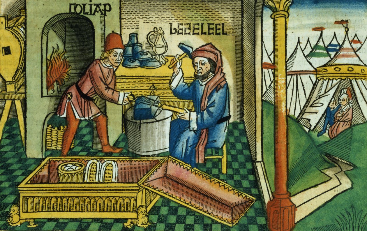 Exodus 31 2-8 Bezalel és Oholiab a frigyládát készítik, a nürnbergi Bibliából (Biblia Sacra Germanaica) (színes fametszet) alkotó: German School
