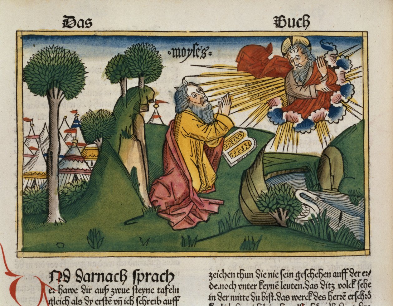 2 Mózes 34 1-10 Mózes megkapja a második táblát a tízparancsolattal, a nürnbergi Bibliából (Biblia Sacra Germanaica) (színes fametszet) alkotó: German School