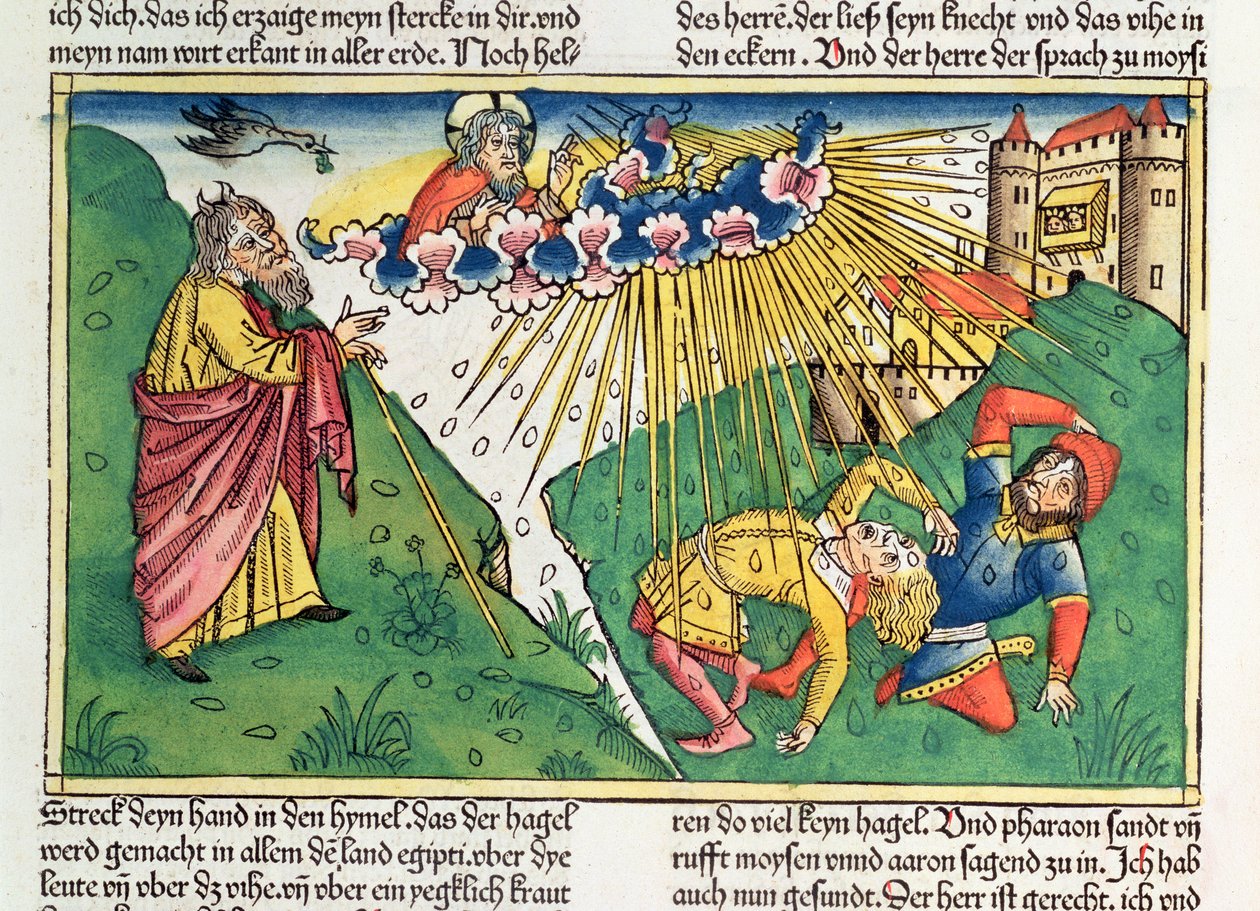 2Móz 9 13-35 Egyiptom hét csapása: Mózes és a jégeső és villámcsapás, a „Nürnbergi Bibliából (Biblia Sacra Germanaica)” (színes fametszet) alkotó: German School