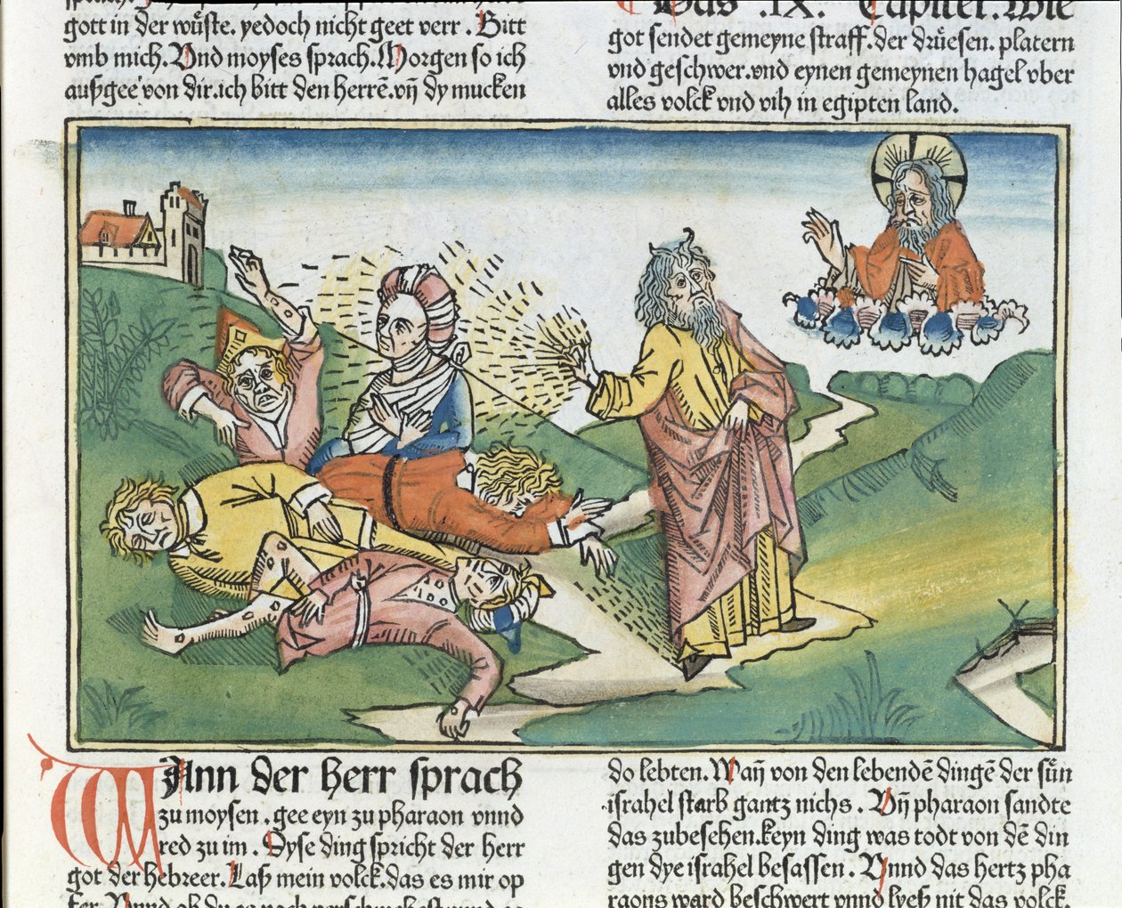 2Móz 9 8-12 Egyiptom hét csapása: Mózes és a kelések csapása, a Nürnbergi Bibliából (Biblia Sacra Germanaica) (színes fametszet) alkotó: German School