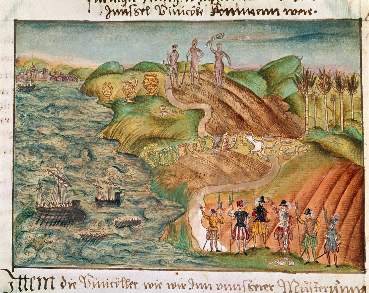 Az expedíció Venezuelában landol, a Coeler család emlékirataiból, életrajzi feljegyzéseiből és verseiből stb., 1560-1632 (akvarell papíron) alkotó: German School