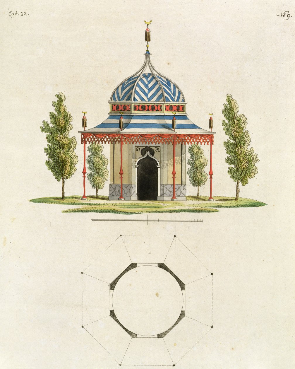 Egy kínai kerti templom külseje, a Legutóbbi új ötletek a kerthez című kiadványból, 1779-ben (színes metszet) (lásd még: 170864) alkotó: German School