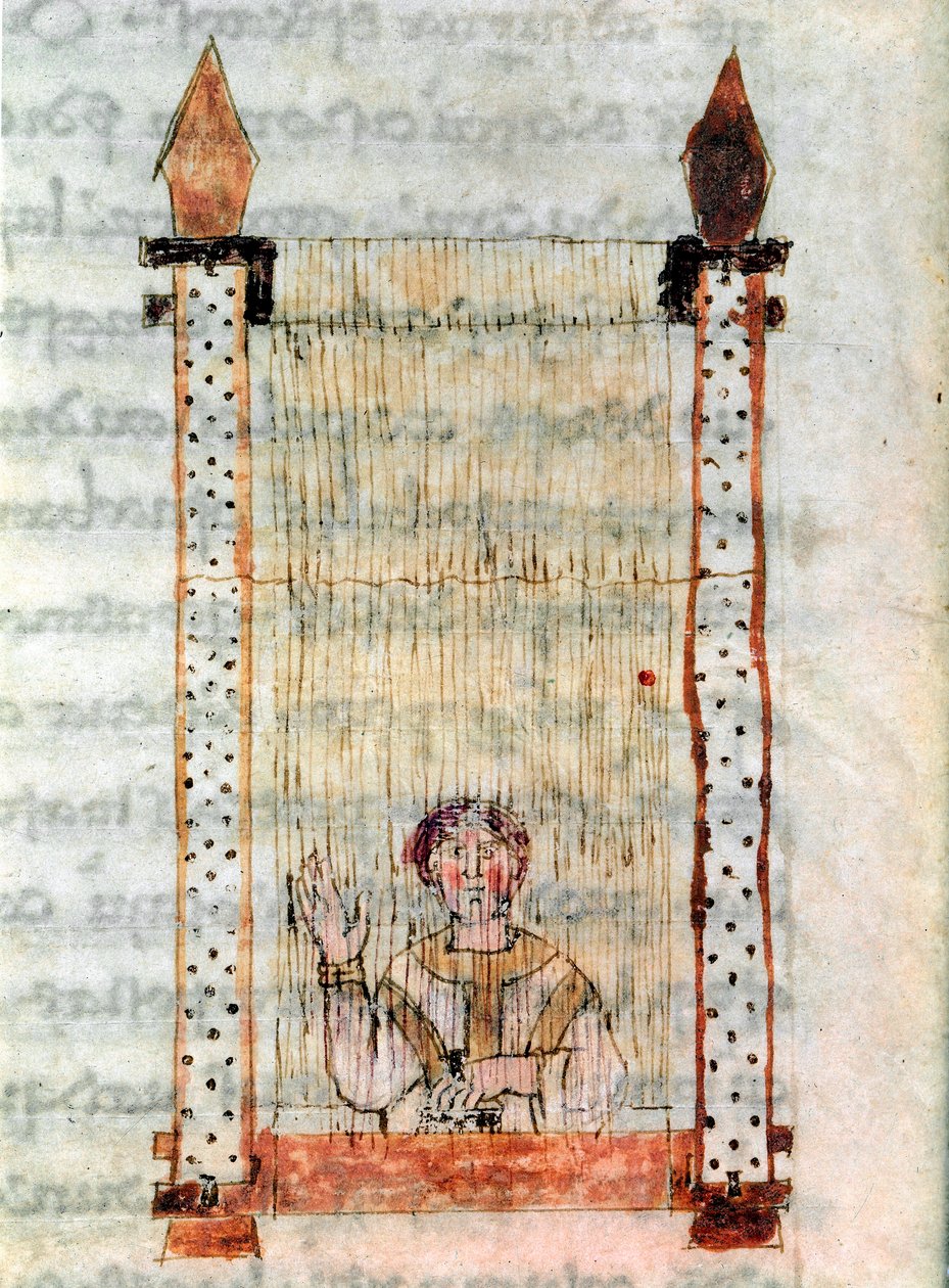 Szövetmunka. Szövőmalom. Miniatűr Rabanus Maurus Magnentius (vagy Raban Maur vagy Rabano Mauro, kb. 780-856) „” De Universo” vagy „” De rerum naturis”” (A dolgok természetéből) kéziratából. 9. század. A Monte Cassino apátság archívuma (Mo alkotó: German School