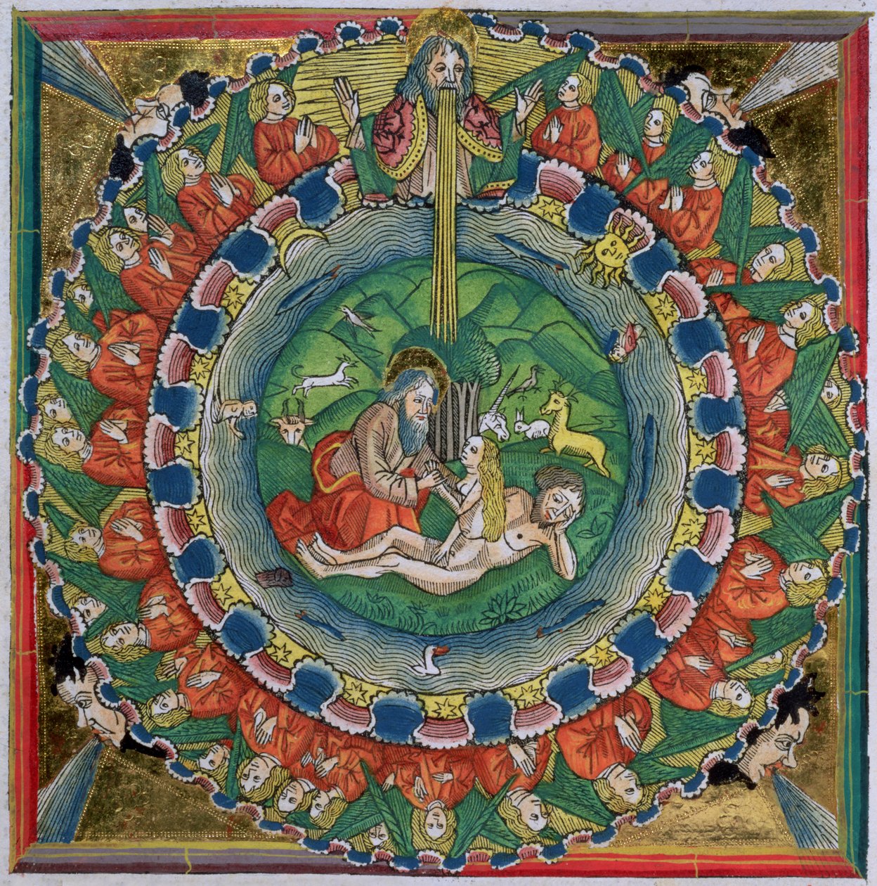 A 1Mózes 2:22 fakszimile másolata Isten teremtette Évát, a nürnbergi Bibliából (Biblia Sacra Germanaica) alkotó: German School