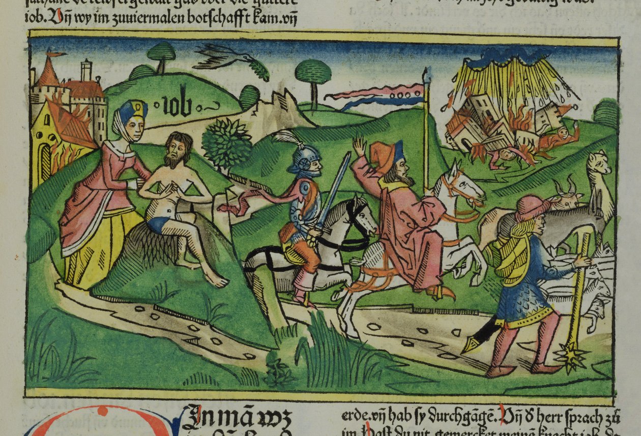 Jób: Frontispiece fakszimile, Jóbot szidja a felesége, házát és családját egy hurrikán tönkretette, állatállományát pedig ellopták, a Nürnbergi Bibliából (Biblia Sacra Germanaica) (színes alkotó: German School