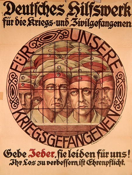 Első világháborús plakát, amely a németeket a német hadifoglyok megsegítésére buzdítja (színes litográfia) alkotó: German School