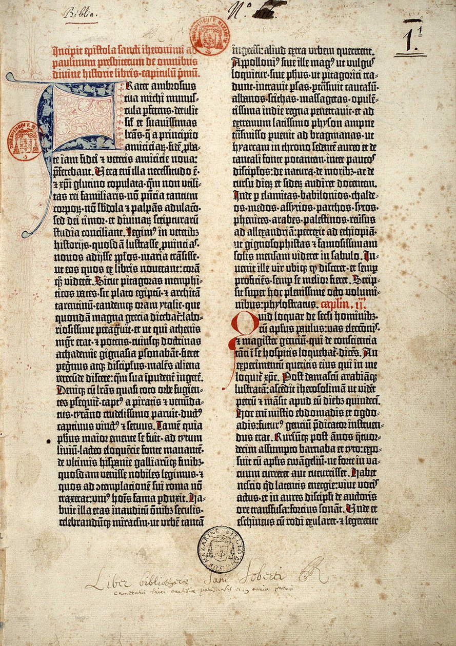 A gutenbergi Biblia latin nyelvű (vulgate) első oldala Mainzban készült 1452 - 1454 között. Szent Jeromos epitreumának kezdete Paulin papnak, amely a Szentírás összes könyvével foglalkozik. alkotó: German School