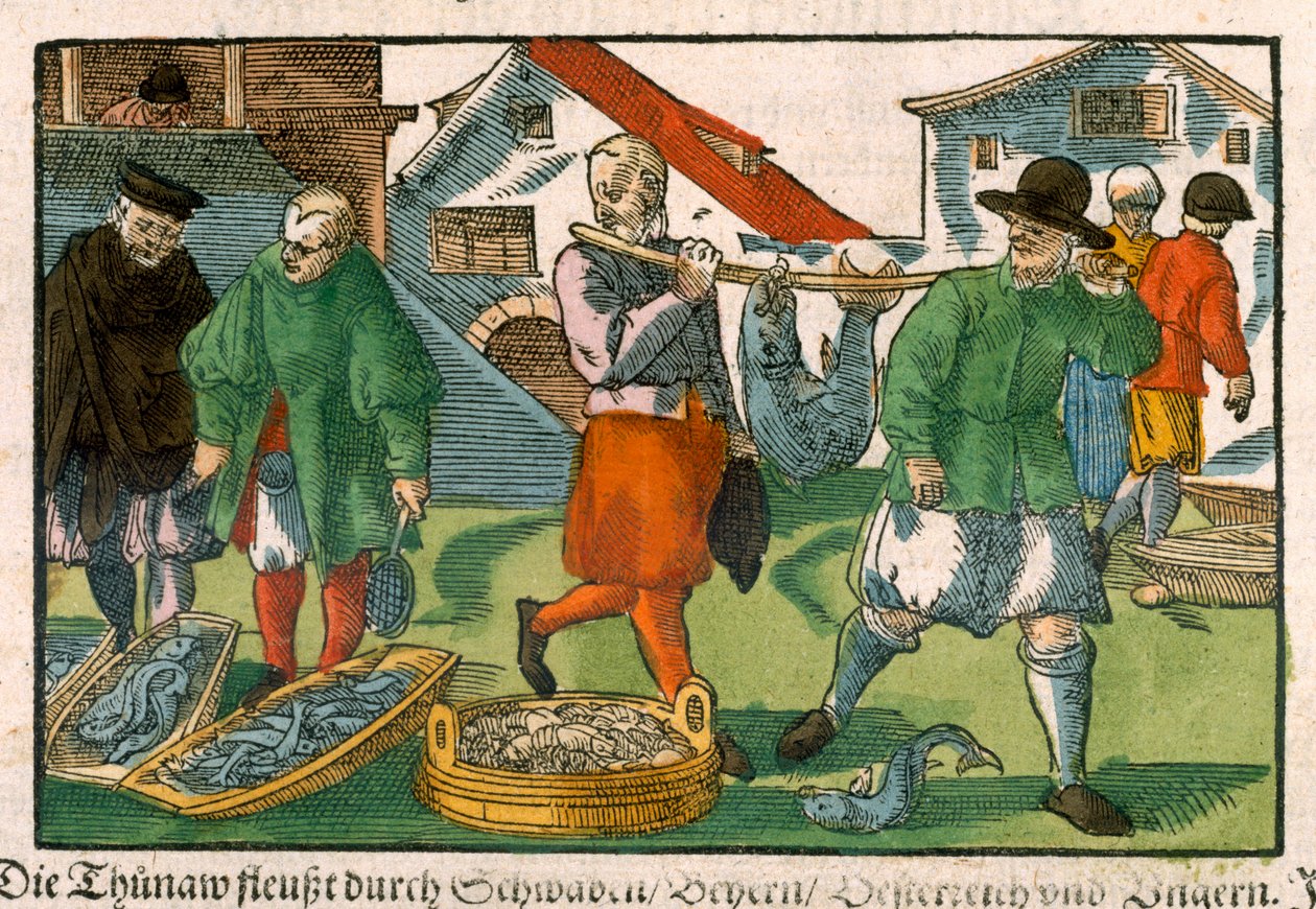 Fishmarket, német kéziratból, 1650 körül (kézzel színezett fametszet) alkotó: German School
