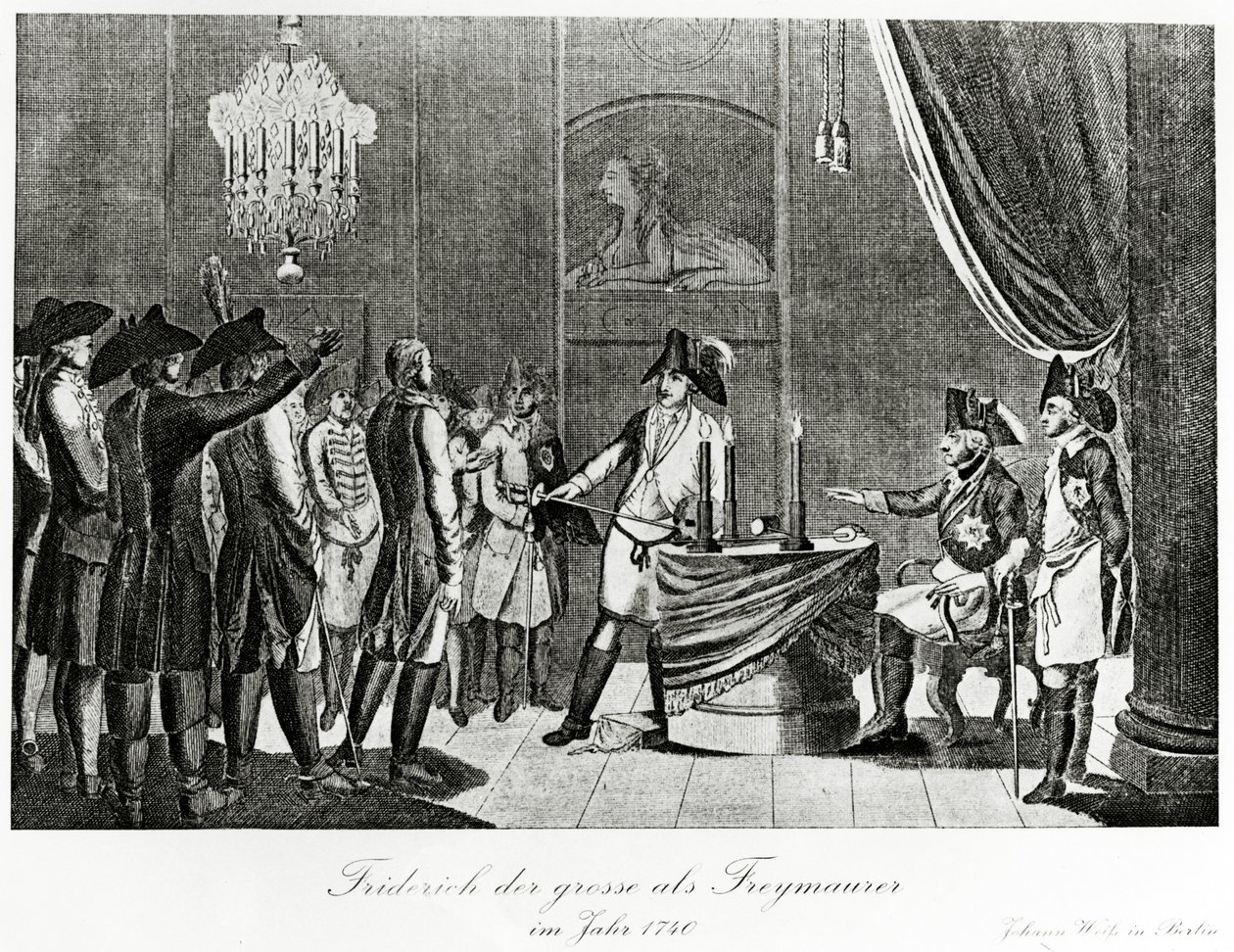 Nagy Frigyes 1740-ben Berlinben szabadkőművesként fogadja sógorát, Frigyest, Brandenburg-Bayreuth őrgrófját. alkotó: German School