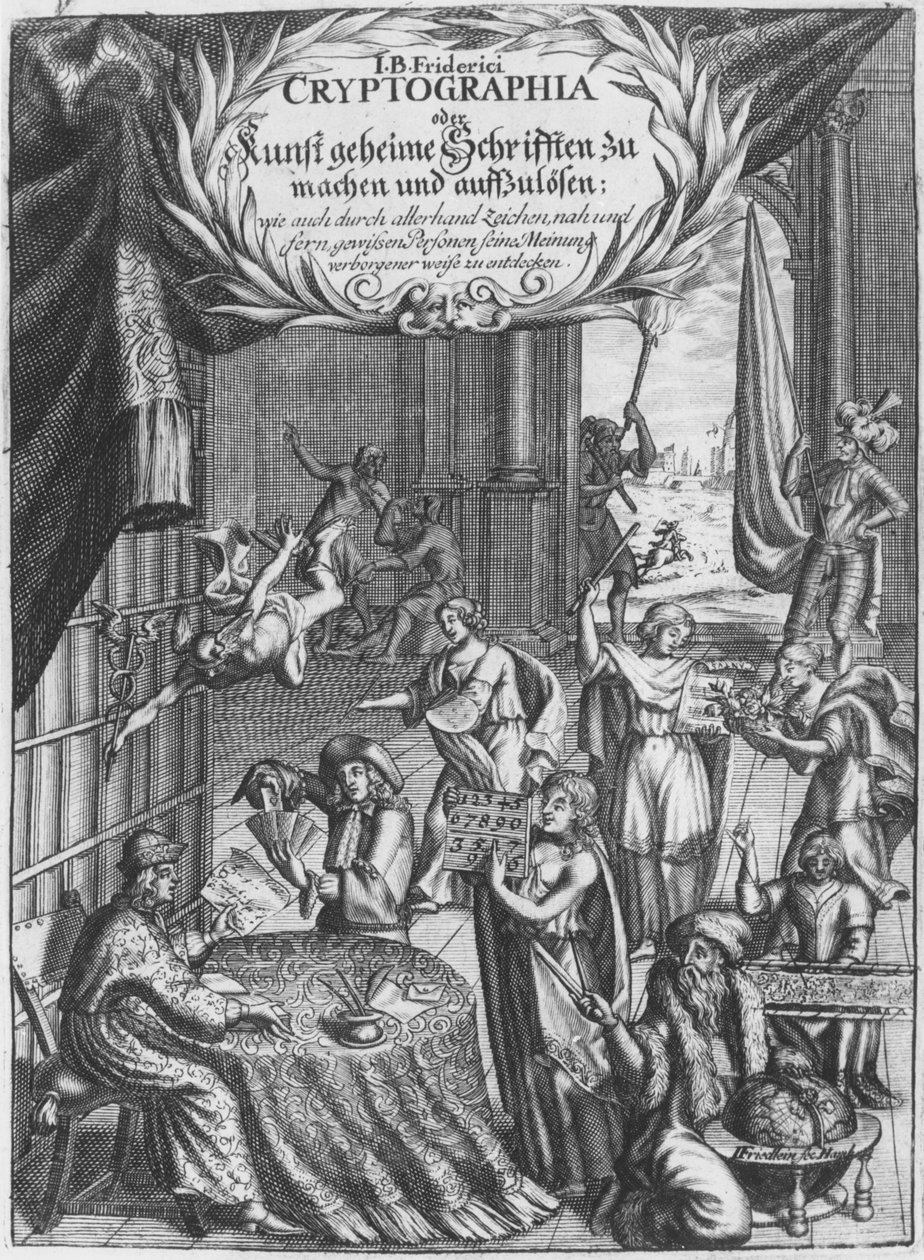 Elülső kép, illusztráció a Cryptographia-ból vagy Johann Balthasar Friderici titkos írásai, Johan Friedlein metszete (17. század), megjelent Hamburgban, 1685 alkotó: German School