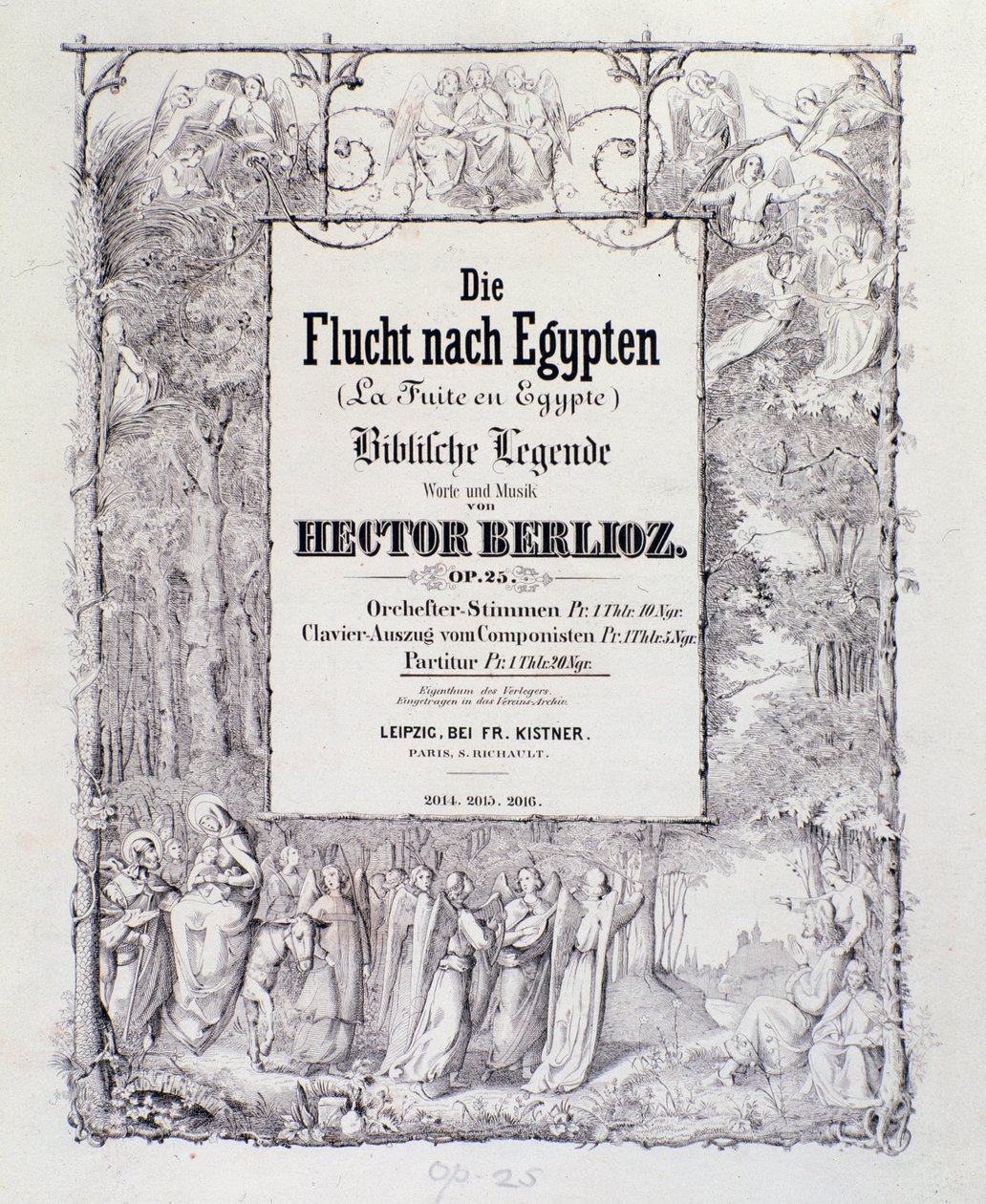 Hector Berlioz francia romantikus zeneszerző nyitánya „A repülés Egyiptomba, opus 25” című német kiadás német nyelvű partitúrájának előképe. alkotó: German School