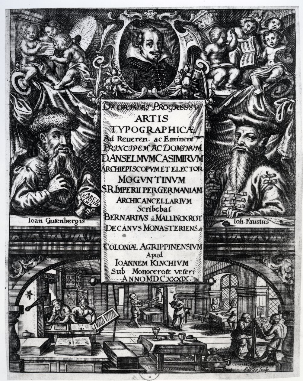 Bernardus Mallinckrodt "A tipográfia eredetéről és történetéről" című művének címlapképe, 1634. alkotó: German School