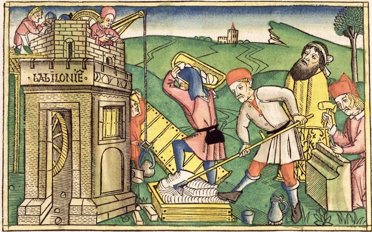 Genesis 11 1-9 Bábel tornyának építése, a Nürnbergi Bibliából (Biblia Sacra Germanaica) (színes fametszet) alkotó: German School
