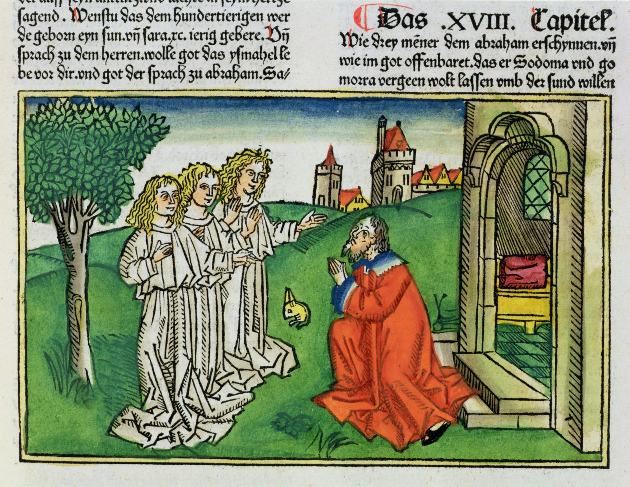 Genesis 18 2 Ábrahám és a három angyal, a nürnbergi Bibliából (Biblia Sacra Germanaica) (színes fametszet) alkotó: German School