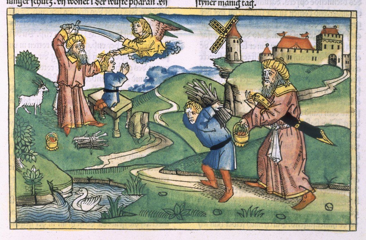 1Móz 21 1-14 Ábrahám Izsák felajánlása, a Nürnbergi Bibliából (Biblia Sacra Germanaica) (színes fametszet) alkotó: German School