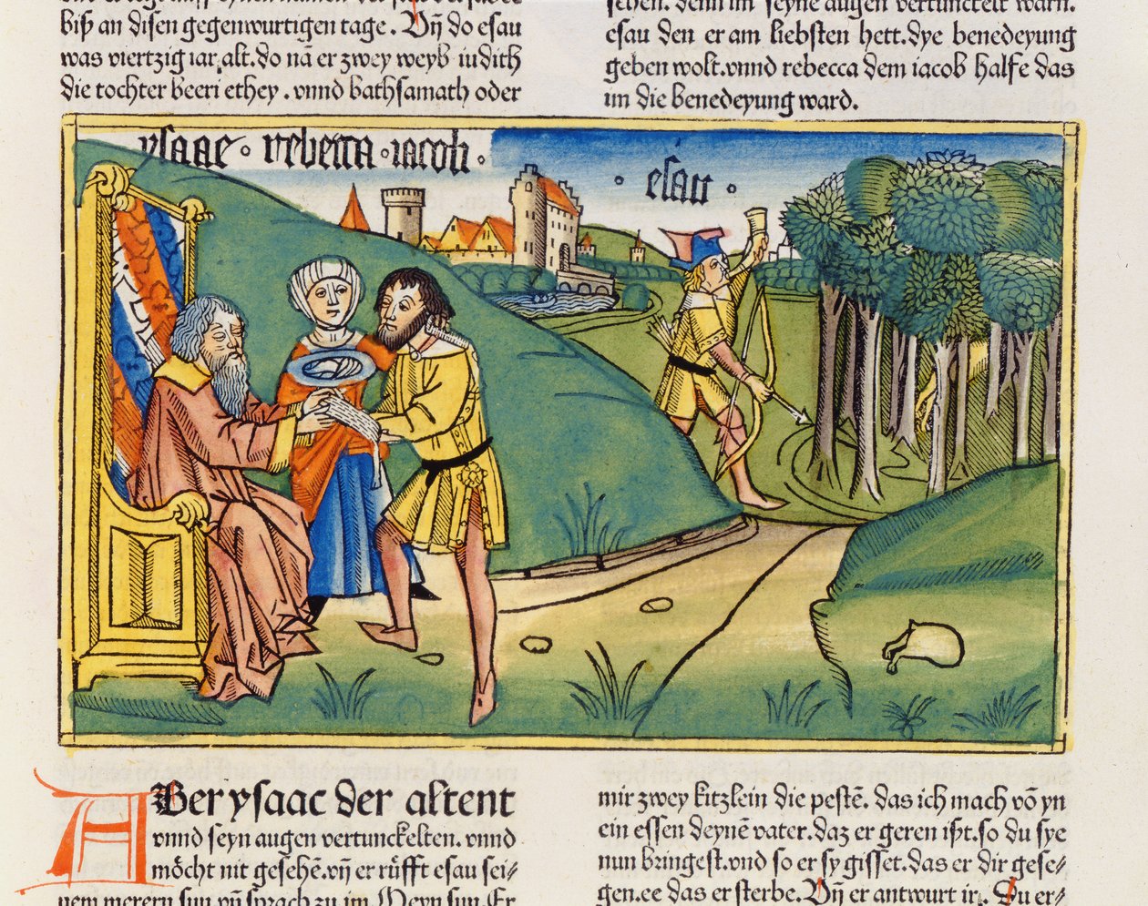 1Móz 27 6-29 Jákob Izsák áldását kapja, a Nürnbergi Bibliából (Biblia Sacra Germanaica) (színes fametszet) alkotó: German School