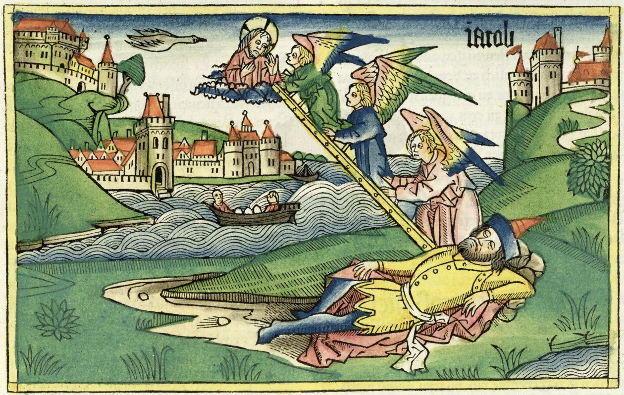 Genesis 28 10 Jacobs létra, a Nürnbergi Bibliából (Biblia Sacra Germanaica) (színes fametszet) alkotó: German School