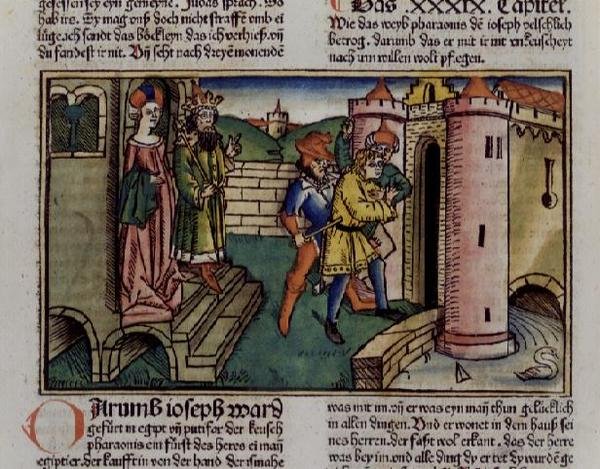 1Móz 39 19-23 Ártatlan József börtönbe kerül, a „Nürnbergi Bibliából (Biblia Sacra Germanaica)” (színes fametszet) alkotó: German School