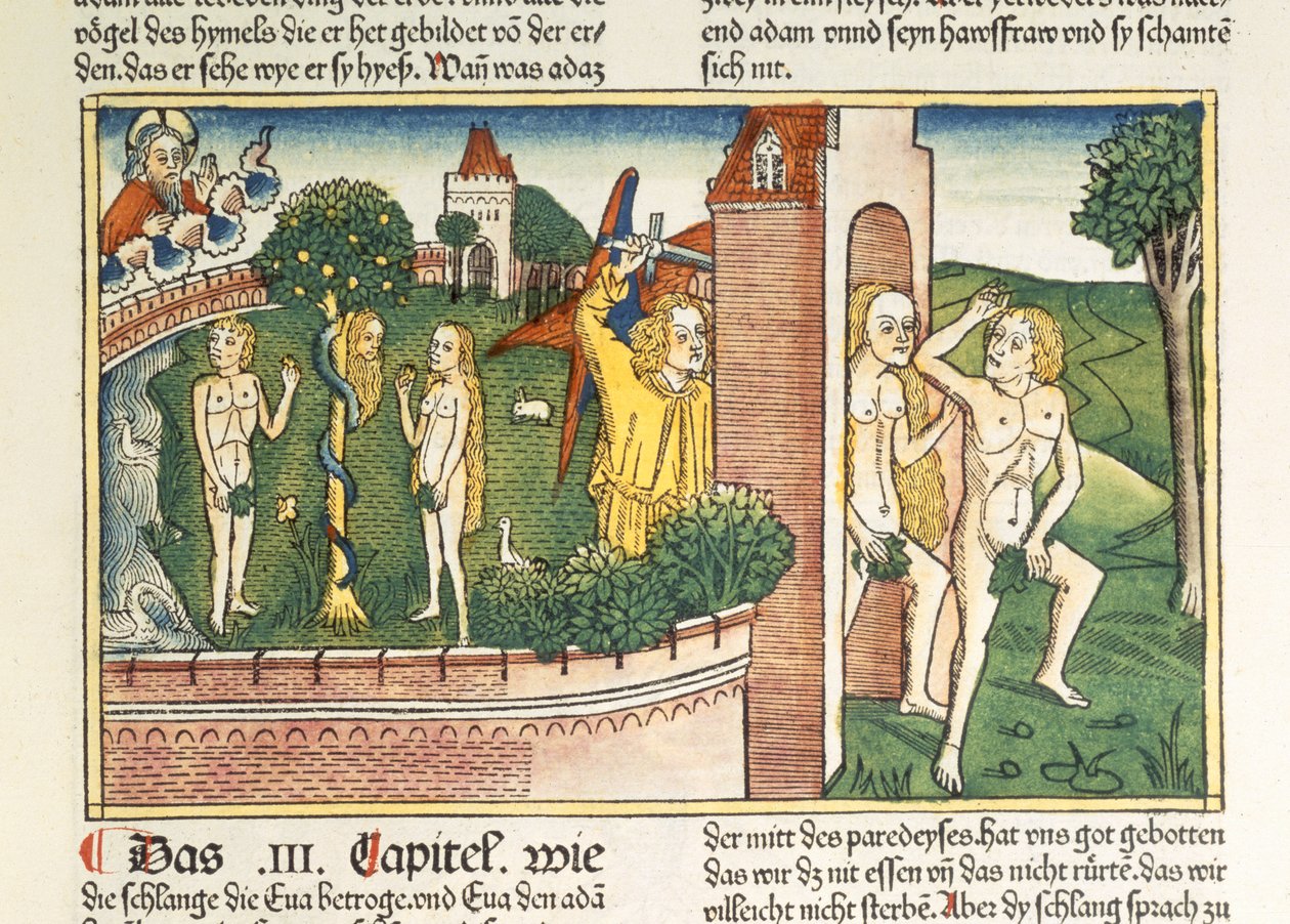 1Móz 3 1-24 A kísértés és a kiűzetés a paradicsomból, a Nürnbergi Bibliából (Biblia Sacra Germanaica) (színes fametszet) alkotó: German School