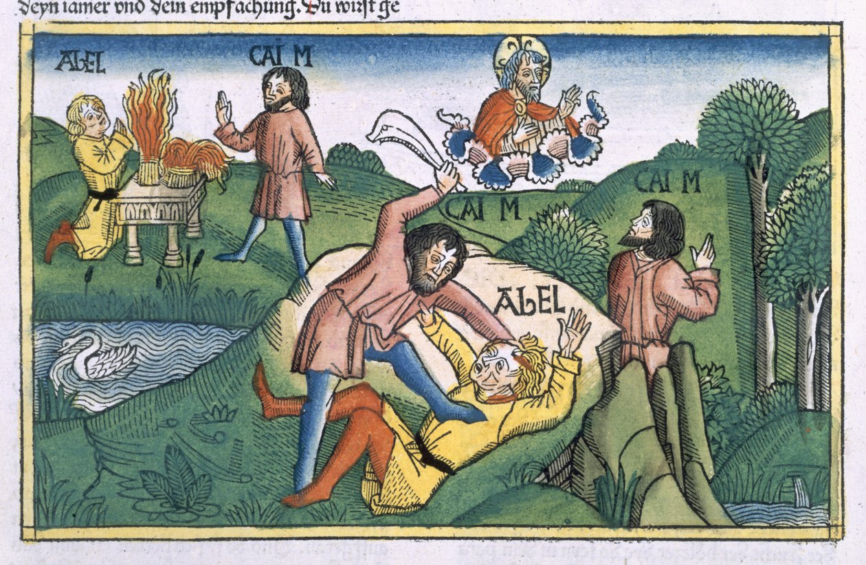 1Móz 4:8 Káin meggyilkolja Ábelt, a „Nürnbergi Bibliából (Biblia Sacra Germanaica)” (színes fametszet) alkotó: German School