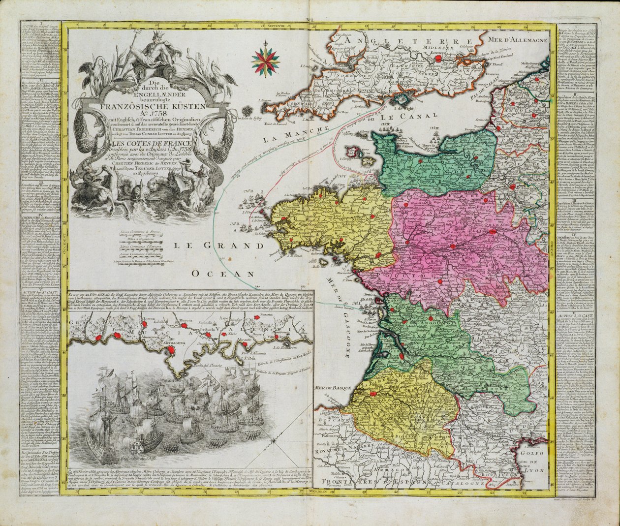 Német térkép a francia kikötők elleni angol haditengerészeti támadásokat 1758-ban alkotó: German School