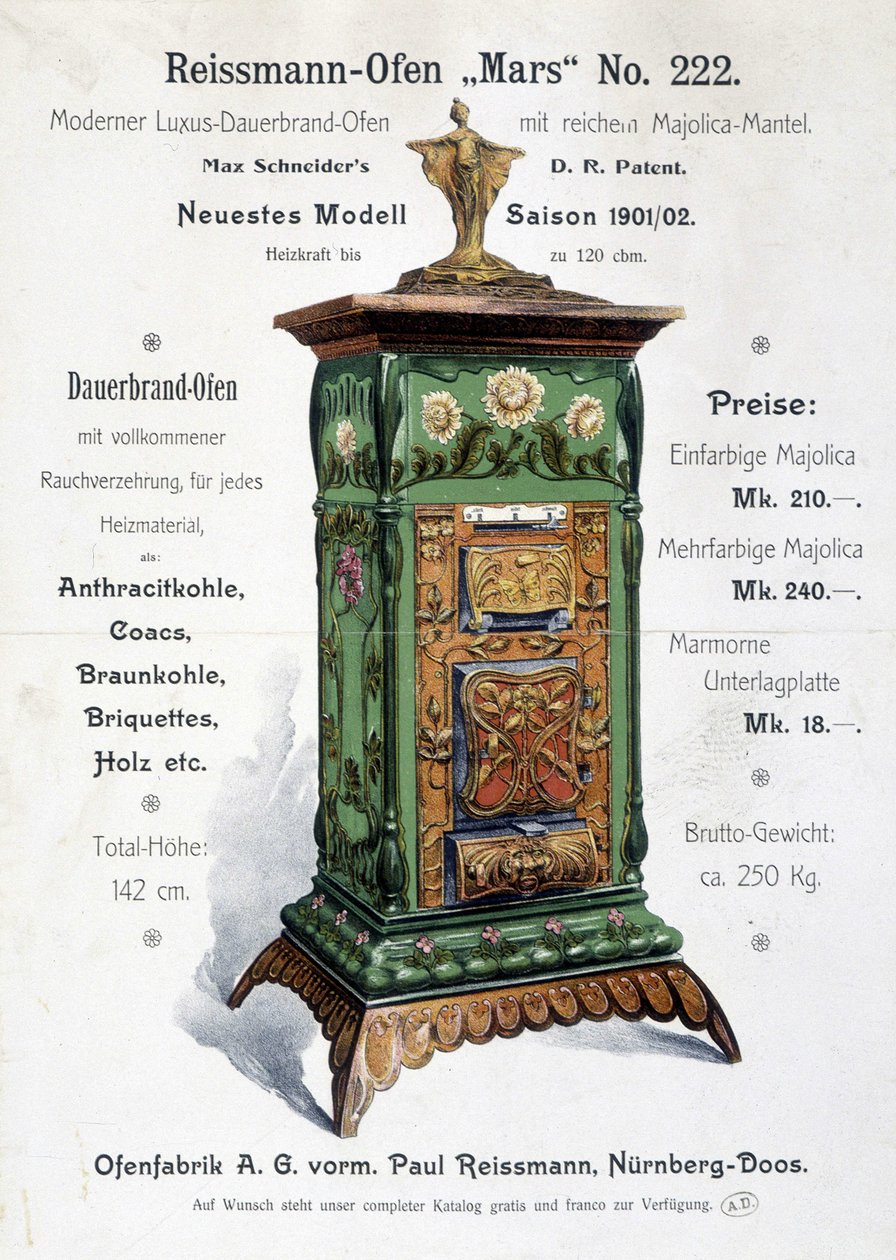 Német reklám szecessziós stílusú kazánról, 19. század vége alkotó: German School