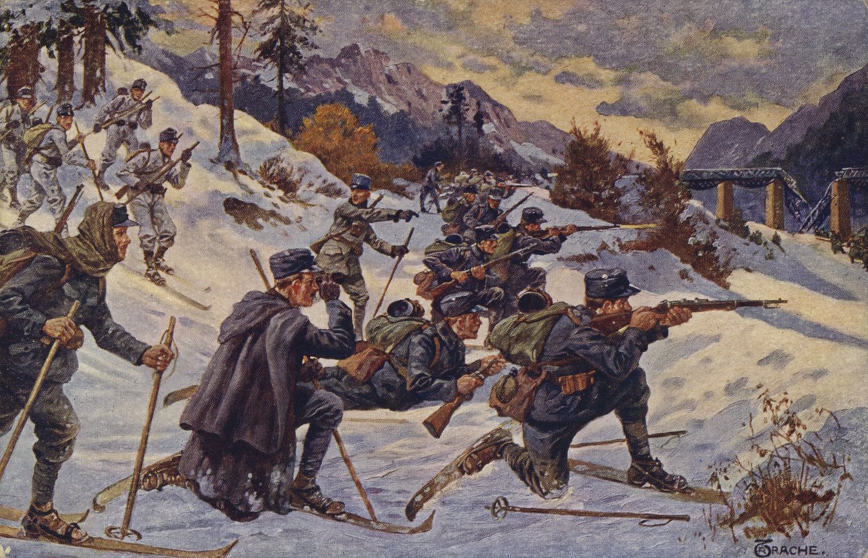 Német és osztrák síelő csapatok a Dukla-hágónál, Kárpátok, I. világháború alkotó: German School