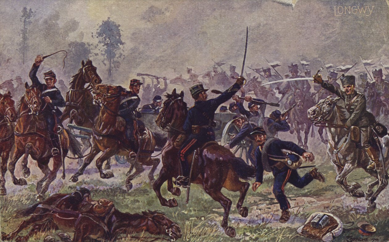 Német huszárok elfoglalják a francia ágyúkat Longwy-nál, I. világháború, 1914. augusztus 22. (színes litográfia) alkotó: German School