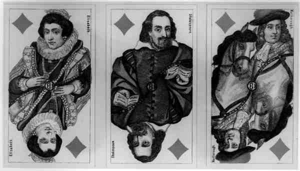 Erzsébetet, Shakespeare-t és Marlborough-t ábrázoló német játékkártyák alkotó: German School