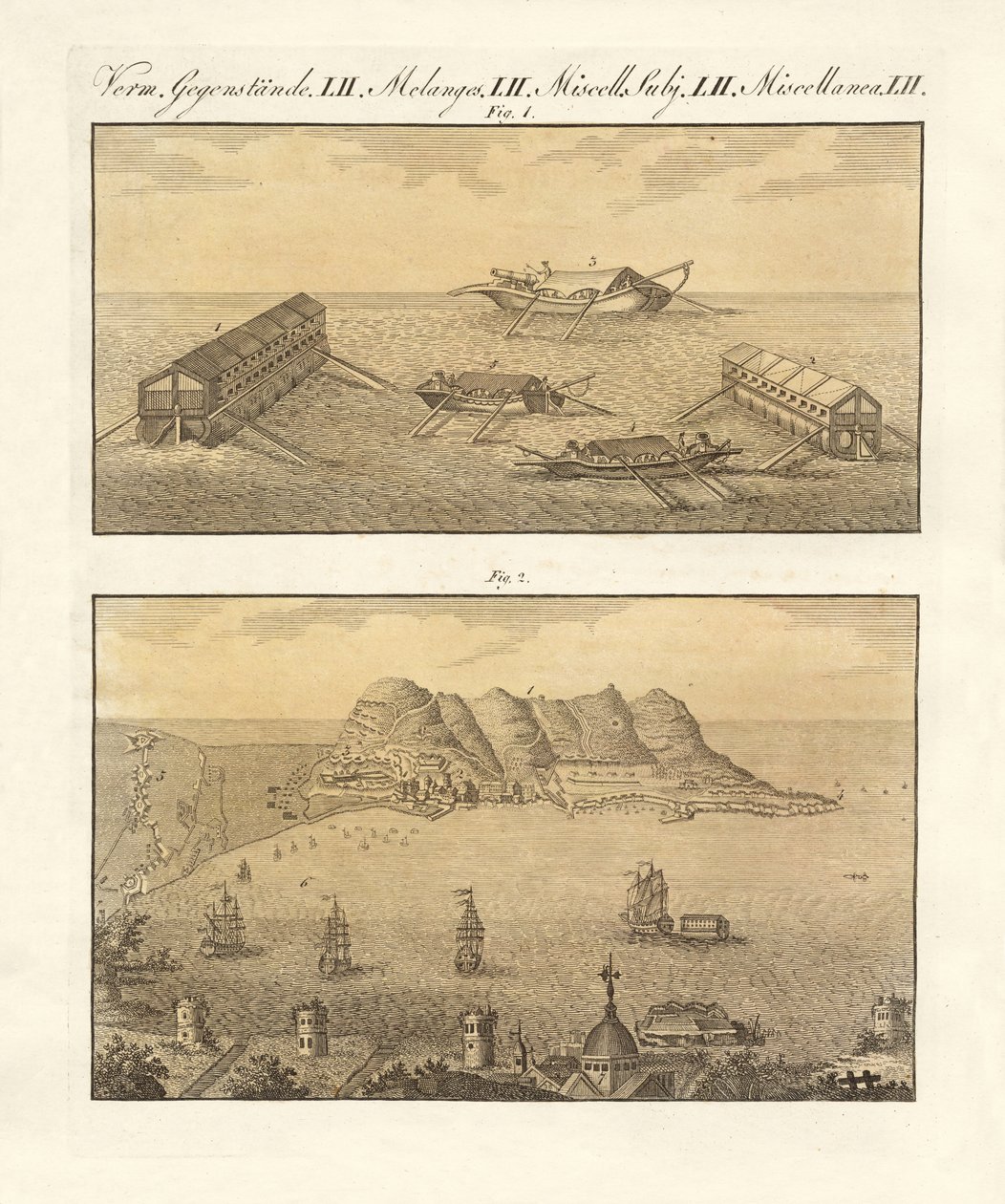 Gibraltár és az úszóelemek (színes gravírozás) alkotó: German School