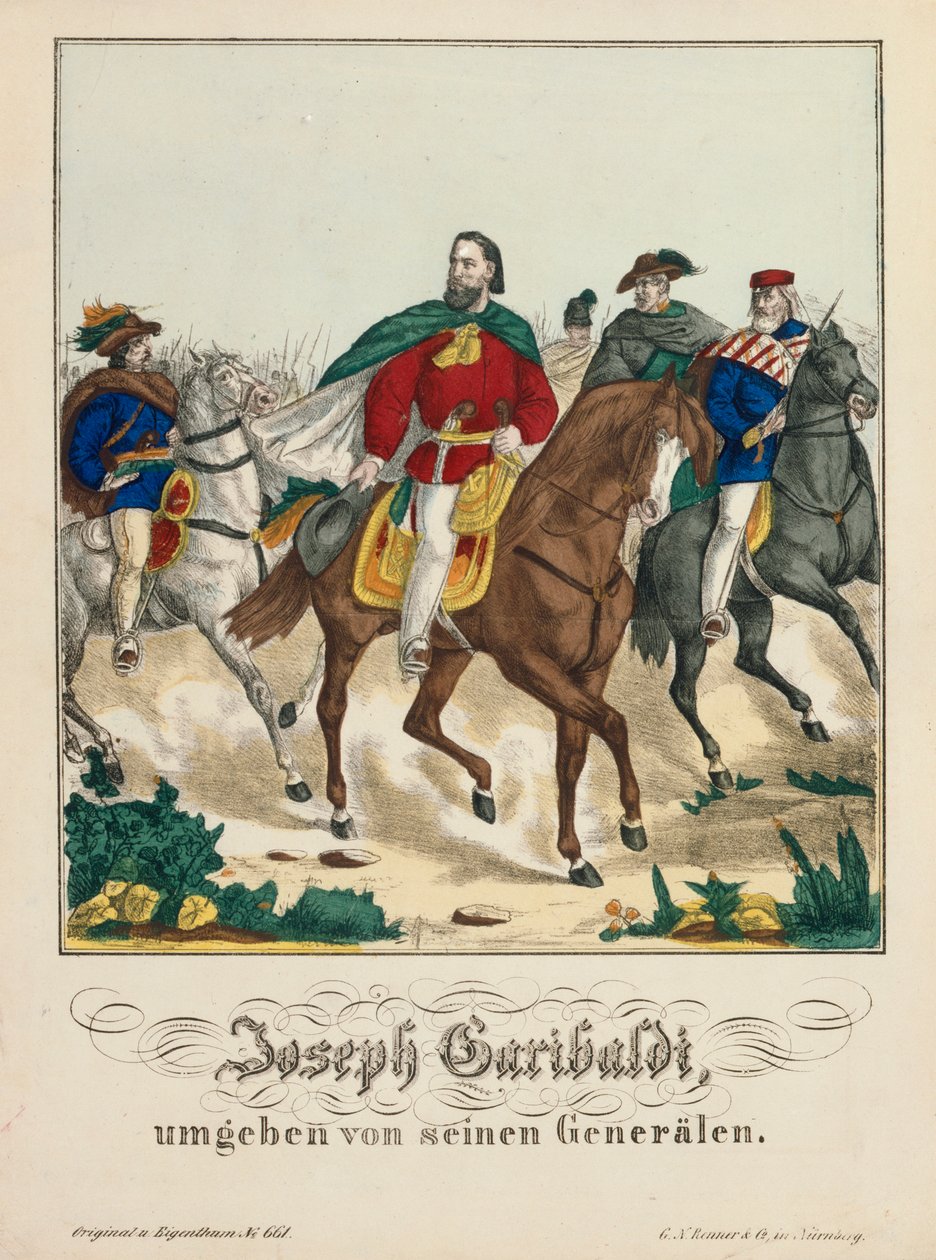 Giuseppe Garibaldi tábornokaitól körülvéve, kiadó: G.N. Renner, Nürnberg, 1866 alkotó: German School
