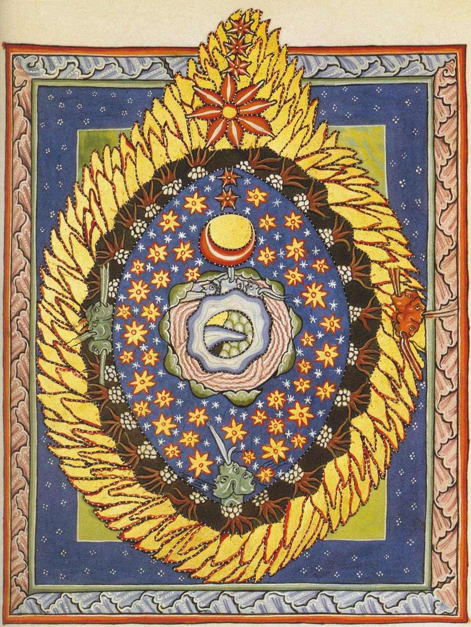 Isten, a kozmosz és az emberiség. Miniatűr Liber Sciviasból, Bingeni Hildegard, 1175 körül (akvarell, pergamen) alkotó: German School
