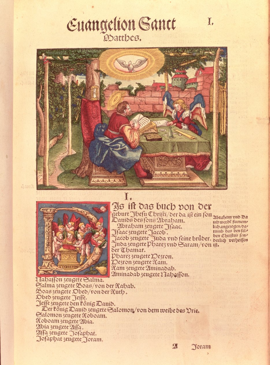 Szent Máté evangéliuma, I. könyv, a Luther-bibliából, 1530 körül (színes fametszet) alkotó: German School