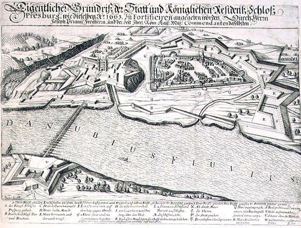 Pressburg városának és várának, valamint erődítményeinek alaprajza 1663-ban, illusztráció az európai oszmán hadjáratokról szóló könyvből, Paul Furst (kb. 1605-66) metszet (metszet) alkotó: German School