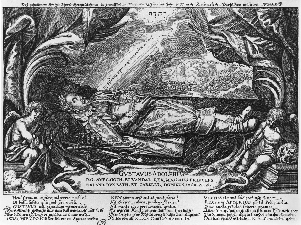 Gustavus Adolphus (1594-1632) svéd király, halálos ágyán, 1633 alkotó: German School